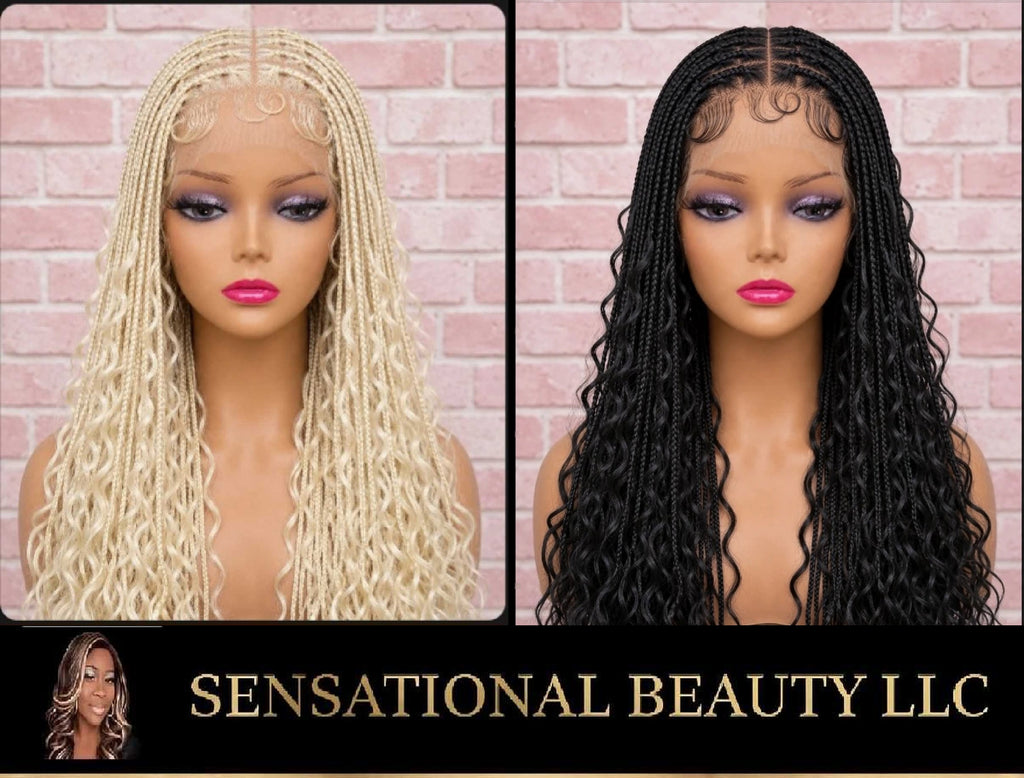 Sensational Beauty LLC Custom Boho Goddess Knotless Braided Wig - Lace Front with Curly Ends - 613 Blonde / 1B Black
