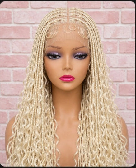 Sensational Beauty LLC Custom Boho Goddess Knotless Braided Wig - Lace Front with Curly Ends - 613 Blonde / 1B Black